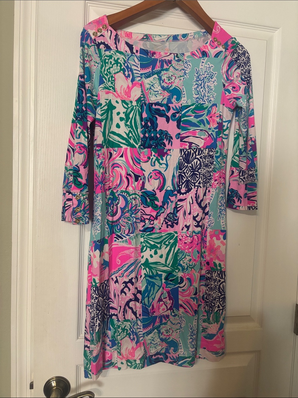 Lilly Pulitzer Pink, Aqua & Green Patchwork-Print Long Sleeve Dress